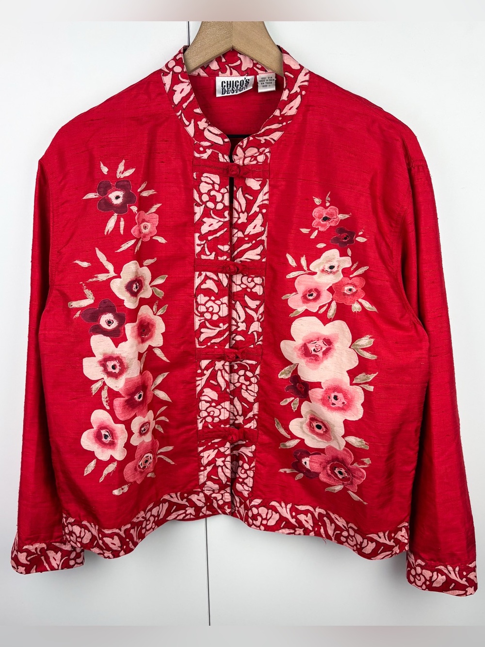 Chicos 100% Silk Vintage Chinese Asian Pankou Floral Red Pink Jacket Blouse Top